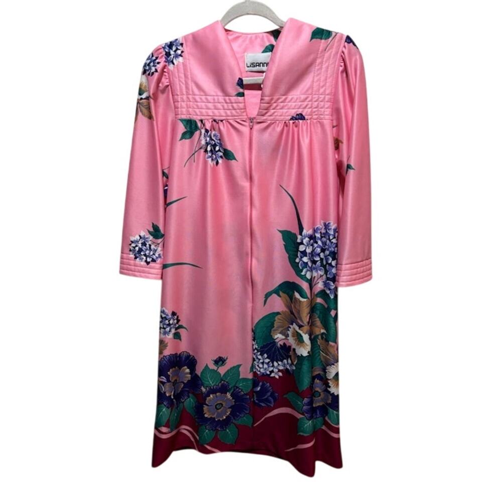 Vintage LiSanne Loungewear Housecoat Robe Kaftan Caftan Zipper Pink Floral Small